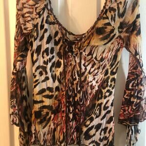 Animal Print long Sleeve lace up Split sleeve Sheer Crinkle Blouse Size medium
